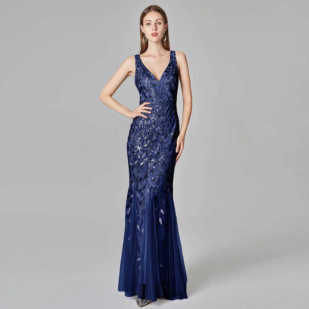 2023 Màu Xám Bạc Thời Trang Thanh Lịch Evening Dresses Sexy Đơn Giản V Cổ Áo Mở Lại Không Tay Thêu Hạt Đuôi Cá Ăn Mặc Gown