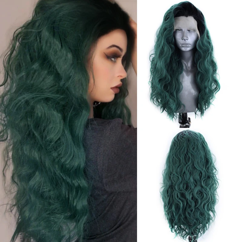 

Charisma Long Wavy Wig Synthetic Lace Front Wig With Black Roots Ombre Green Natural Hairline Cosplay Wigs For Black Women