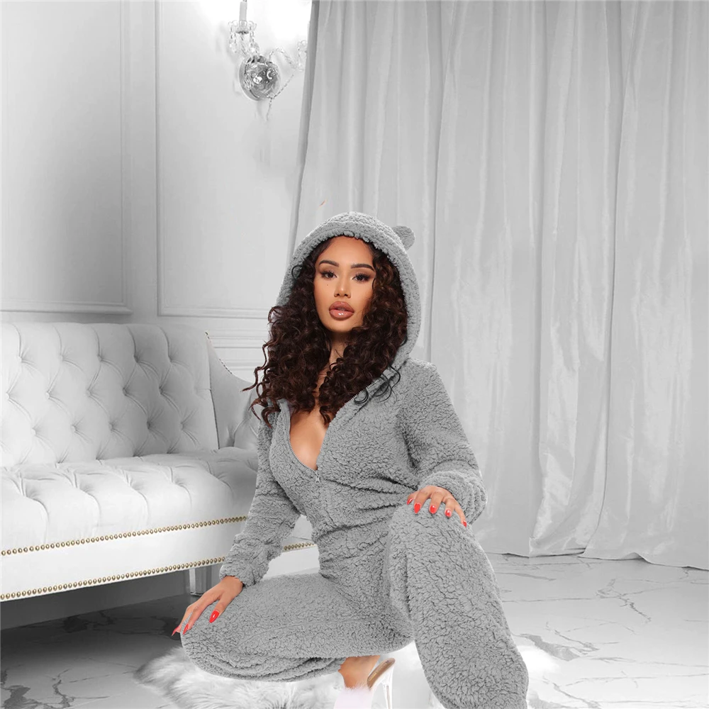 

Velvet Fleece Jumpsuits For Women 2021 Autumn Winter One Piece Outfit Women Hooded Romper With Zipper Winter Cute Plush Pajamas