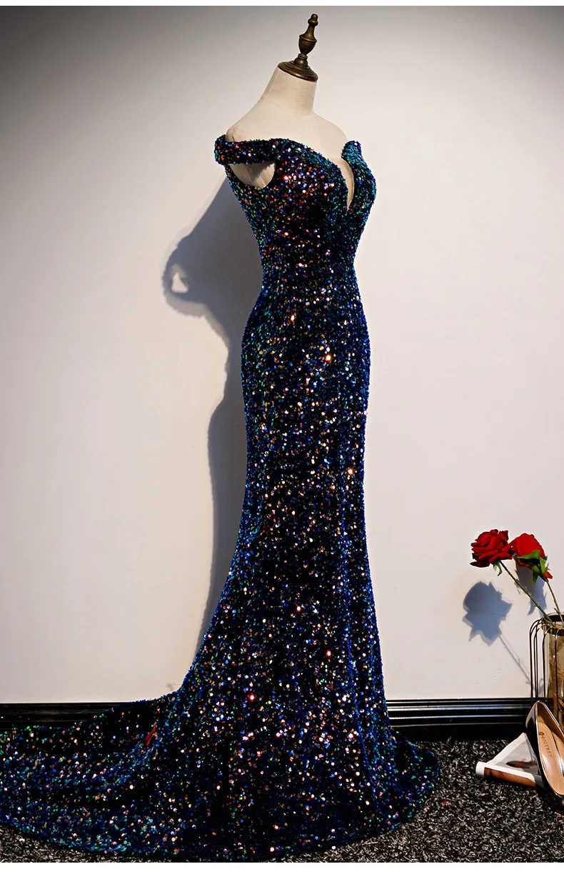 Robe De soirée De forme sirène, luxueuse tenue De bal De fin d'année, col bateau, paillettes, traîne, 2022