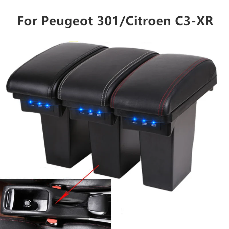 For Peugeot 301 2008 Citroen C3-XR 2017 2018 2019 Car Armrest Box 3 USB Leather Center Storage Box Accessories