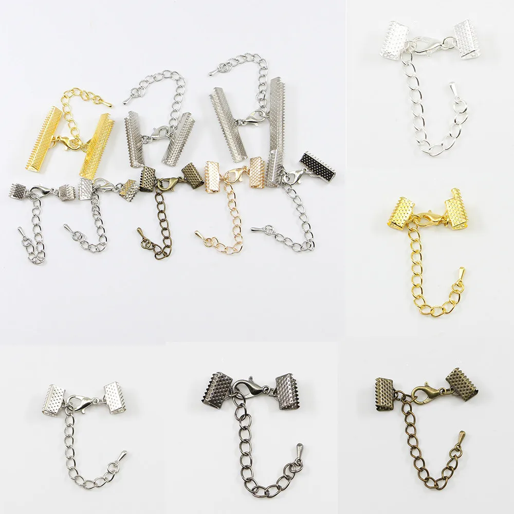 

10pcs/lot Lobster Clasp Connectors Ribbon Leather Cord End Fastener Clasps With Chains For Bracelet DIY Jewelry Making Wholesale