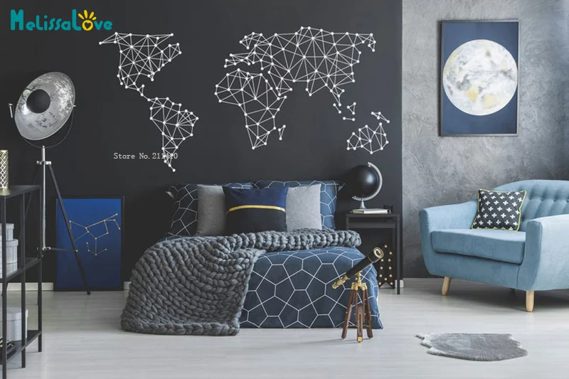 Geometric Modern World Map Wall Decals Travel Decor Office Living Room Interior Housewarming Gift Minimalism YT5790