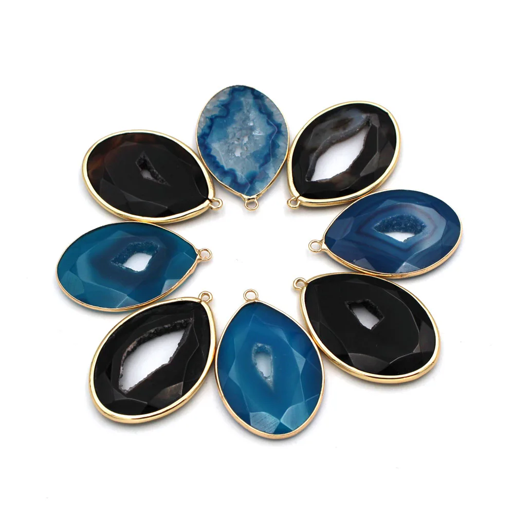 3pcs Natural Stone Pendant Polished Black Blue Agates Geode Quartz Crystal Cluster Druzy Charms for DIY Jewelry Making