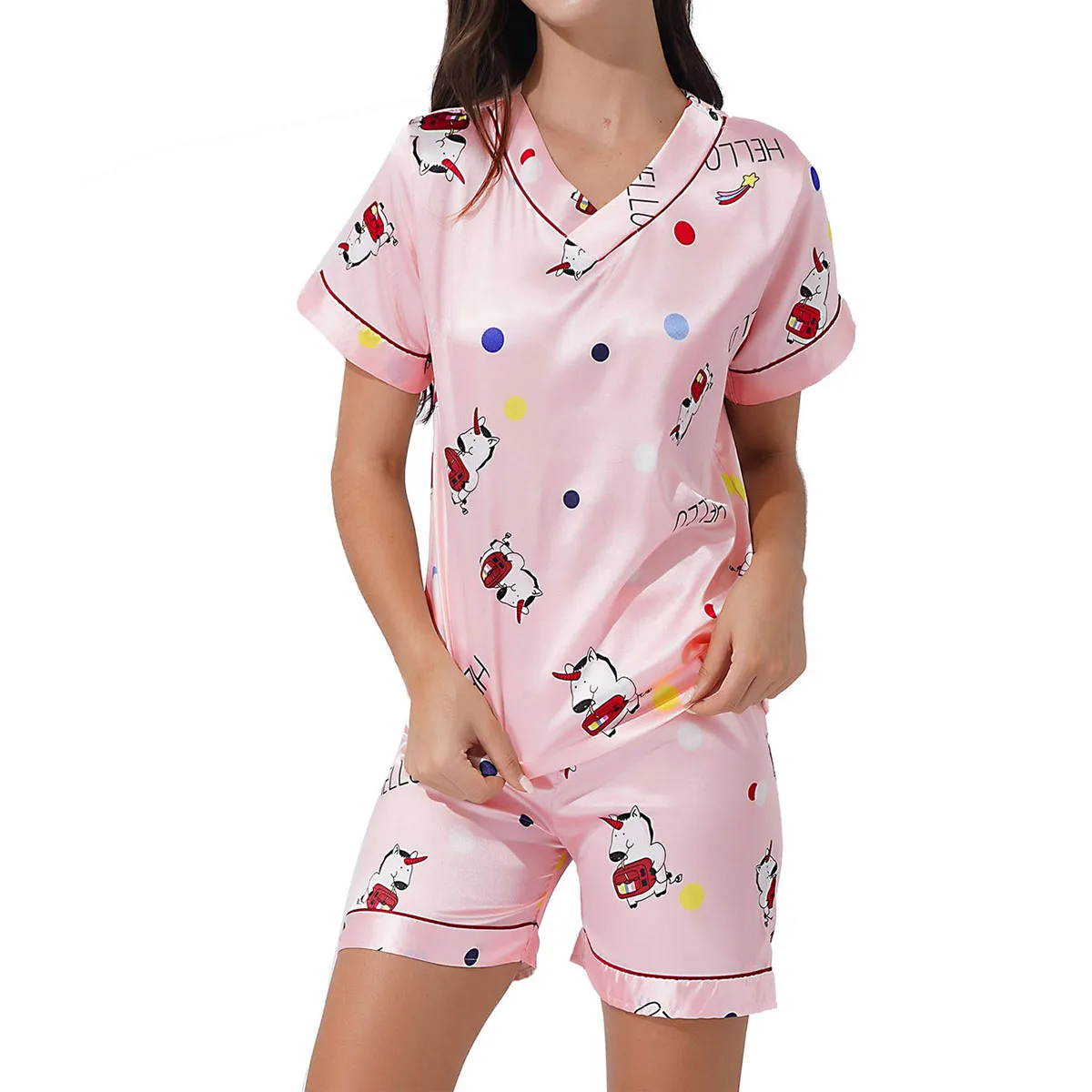 Women Cartoon Print Satin Pajamas Set  Short Sleeve Shirt and Shorts PJ Set Lounge Sleepwear