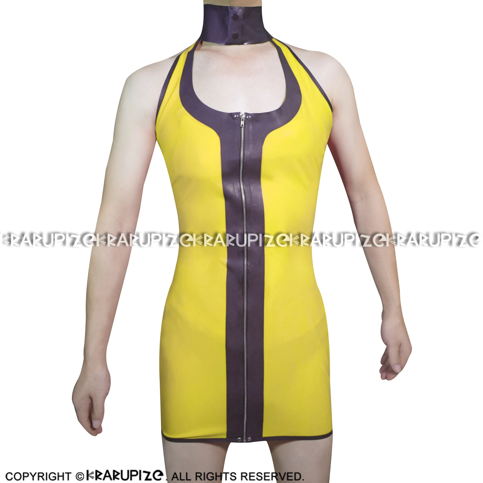 Yellow And Black Trims Sexy Latex Dress With Buttons On Neck Zipper At Front Rubber Bodycon Playsuit LYQ-0081