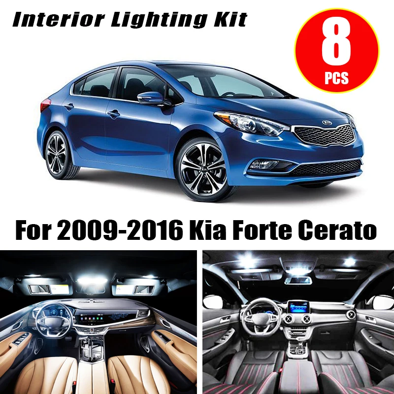 

8pcs Car Accessories White Interior LED Light Bulbs Package Kit For 2009-2016 Kia Forte Cerato T10 31MM 39MM Map Dome Trunk Lamp