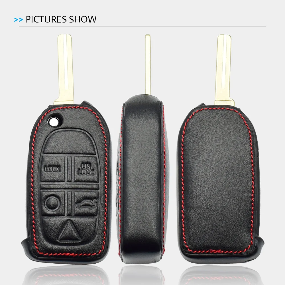 Leather Car Key Case For Volvo S80 S60 V50 V70 XC70 XC90 5 Button Remote Fob Shell Cover Keychain Protector Bag Auto Accessories