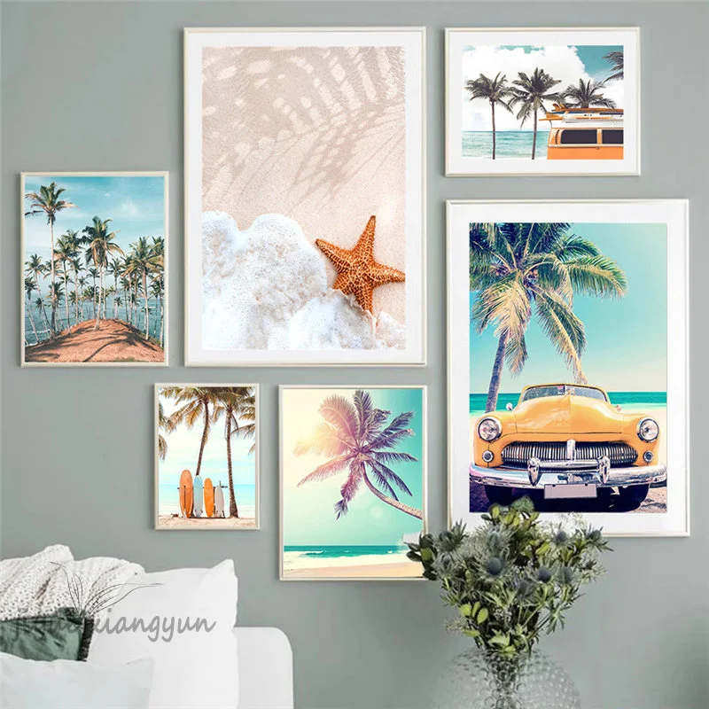 Home Decor Beach Coconut Tree Surfboard Poster Scenery Wall Art Canvas Painting Pictures for Living Room Cuadros Decoration