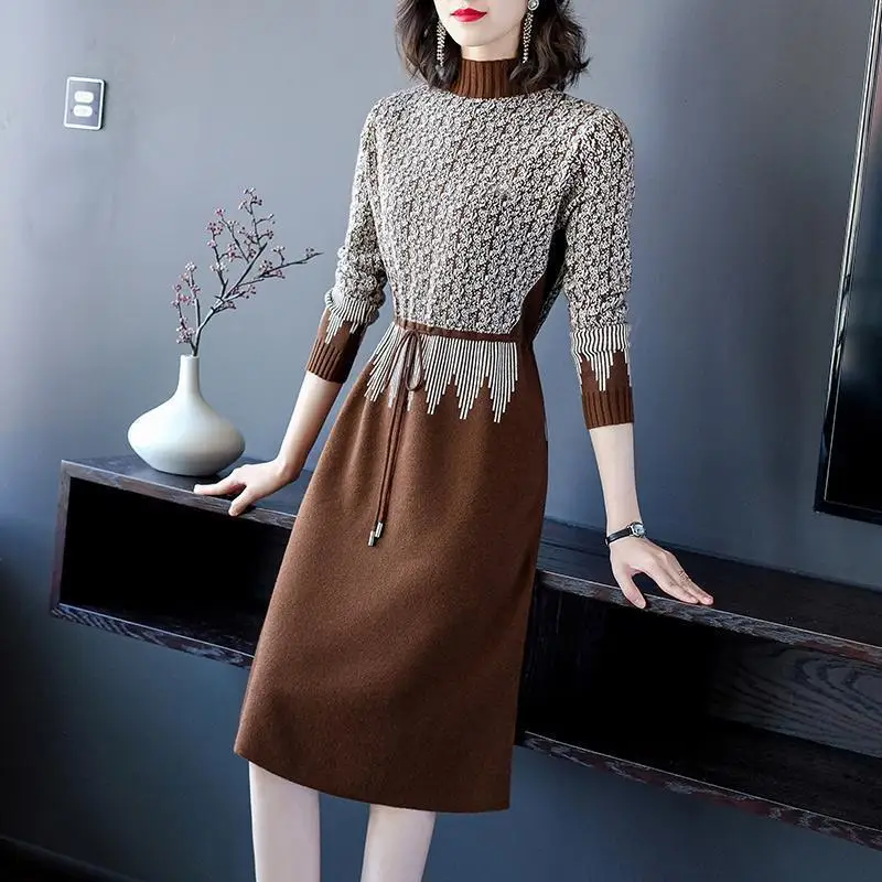 Ogo-Robe pull à col roulé pour femme, pull surdimensionné, patchwork, robe mince, français, rétro, éducatif, élégant, vêtements de bureau, automne, 2024