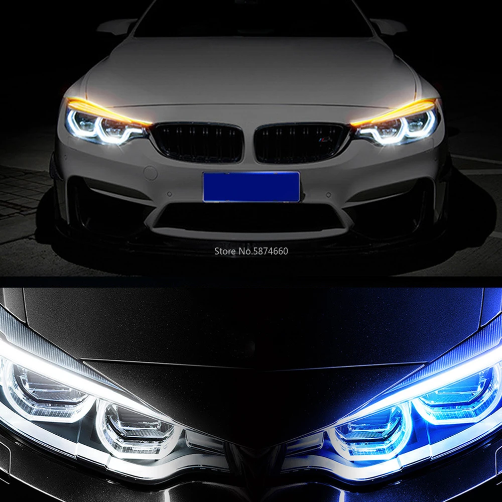 Ultrafine DRL 30/45/60cm Daytime Running Light Flexible Soft Tube Guide Car LED Strip White blue Turn signal Yellow Waterproof