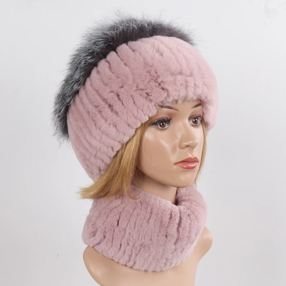 Women's Winter Warm Genuine Fur Hat Scarf Set Real Rex Rabbit Fur Cap with Silver Fox Scarves 2-Piece Natural Fashion Accessory