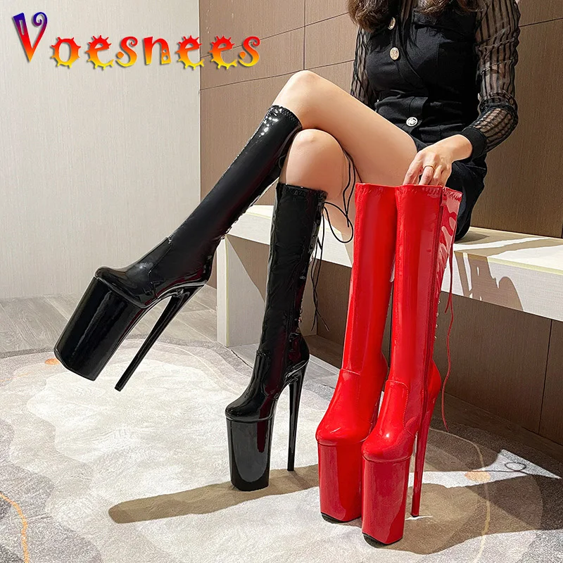 Super High Heel 26CM Nightclub Long Boots Women Lace-up Zip Design Round Toe Knee-High Boot 15CM Waterproof Platform Model Shoes