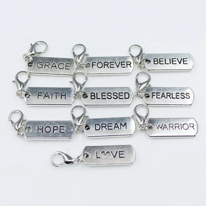 

Mix Hang Tag 20pcs FAITH BELIEVE LOVE FOREVER DREAM Dangle Charms Lobster Clasp Hanging Charm Diy Bracelet Jewelry Accessories