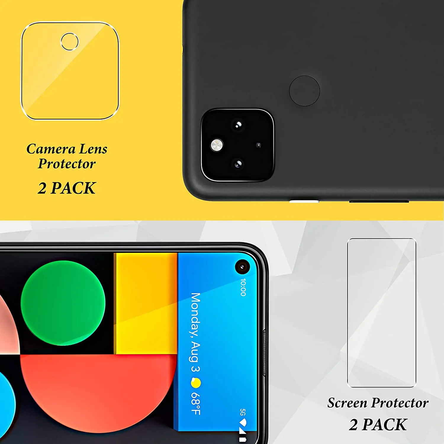 [2 Pack] Camera Lens Protector + [2 Pack]  HD Clear Tempered Glass Screen Protector For Google Pixel 5A 5G/4A 5G/Pixel 5 XL 4 XL