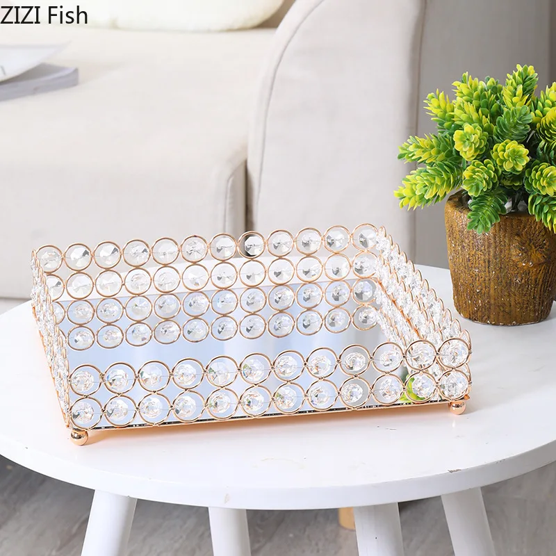 

European Rhinestone Square Storage Trays Metal Tray Dressing Table Jewelry Storage Plate Cosmetic Containers Organizer Plate