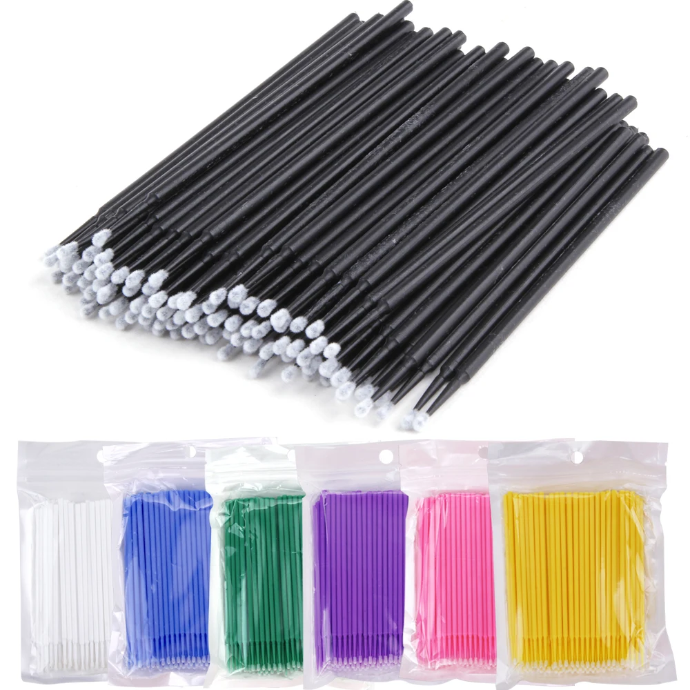 Lot de 100 brosses à cils individuelles en coton-tige, micro-brosse, dissolvant, applicateur, accessoire