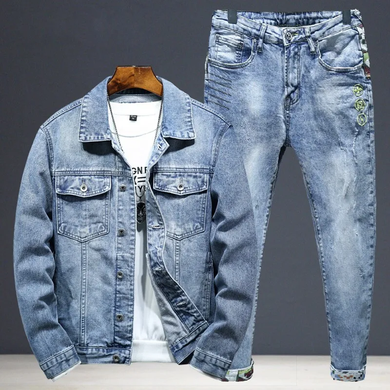 Fashion Men Denim Jacket Jeans Two Piece Set Autumn Slim Fit Matching Sets Casual Streetwear Winter Fleece Lining Cowboy Outfits