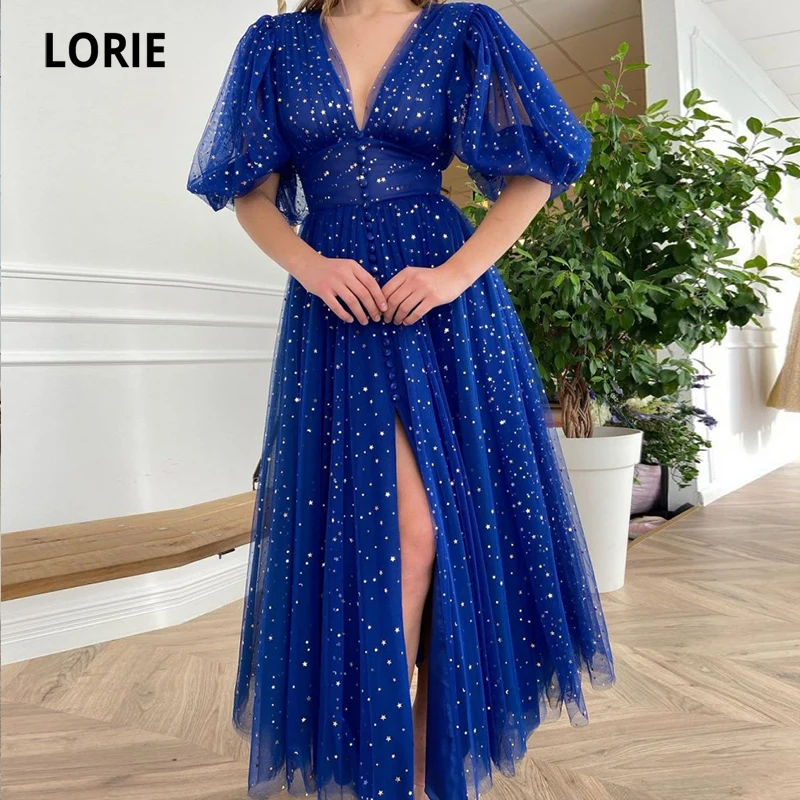 LORIE Royal Blue Prom Dresses scollo a v Cap Sleeve Stary maniche corte abiti da sera arabi Tulle a-line Celebrity Party Dress