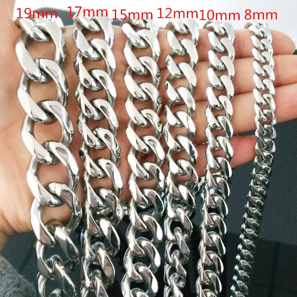 8/10/12/15/17/19mm High Quality Women Men's 316 Stainless Steel Necklaces Silver Color Curb Cuban Link Chain 7-40inch