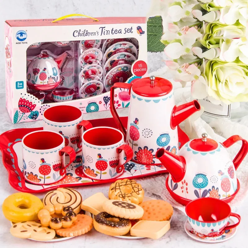 Children's Play House Afternoon Tea Simulation Tinplate Stainless Steel Tea Set Toy Role Playing Game Girl's Kitchen Gift Set