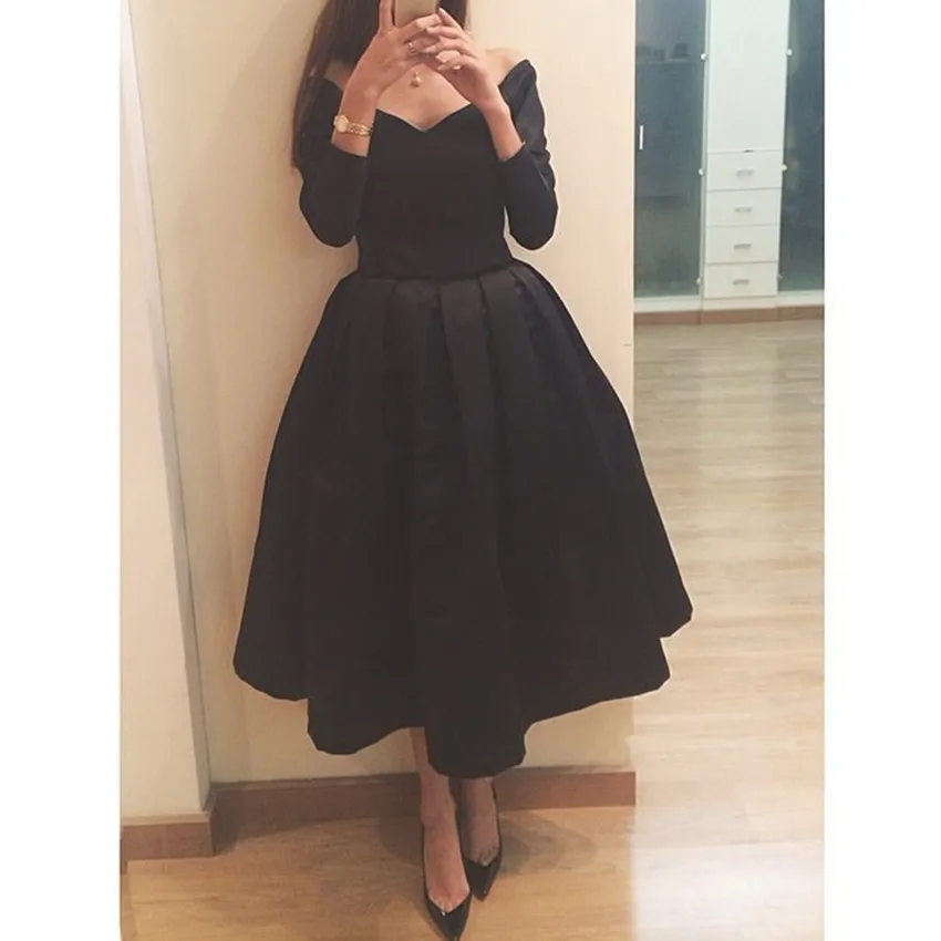 

2025 vestido de noiva robe de soiree 3/4 Sleeves Off the Shoulder Tea Length boat neck Black short Prom gown bridesmaid dresses