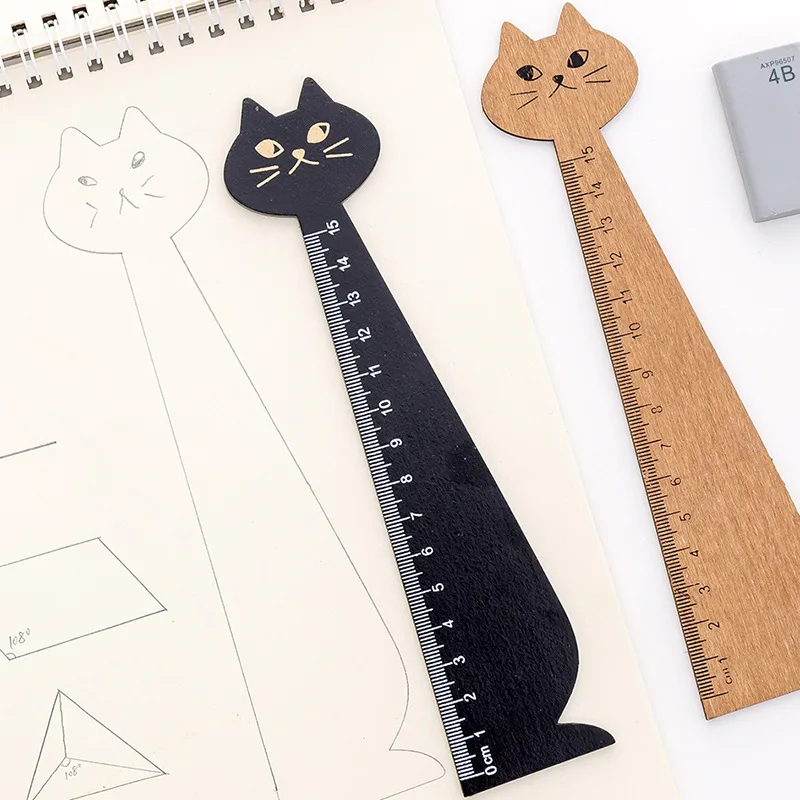 

10pcs Korea creative cartoon ruler cat drawing ruler cute wooden ruler environmental retro stationery ruler school supplies