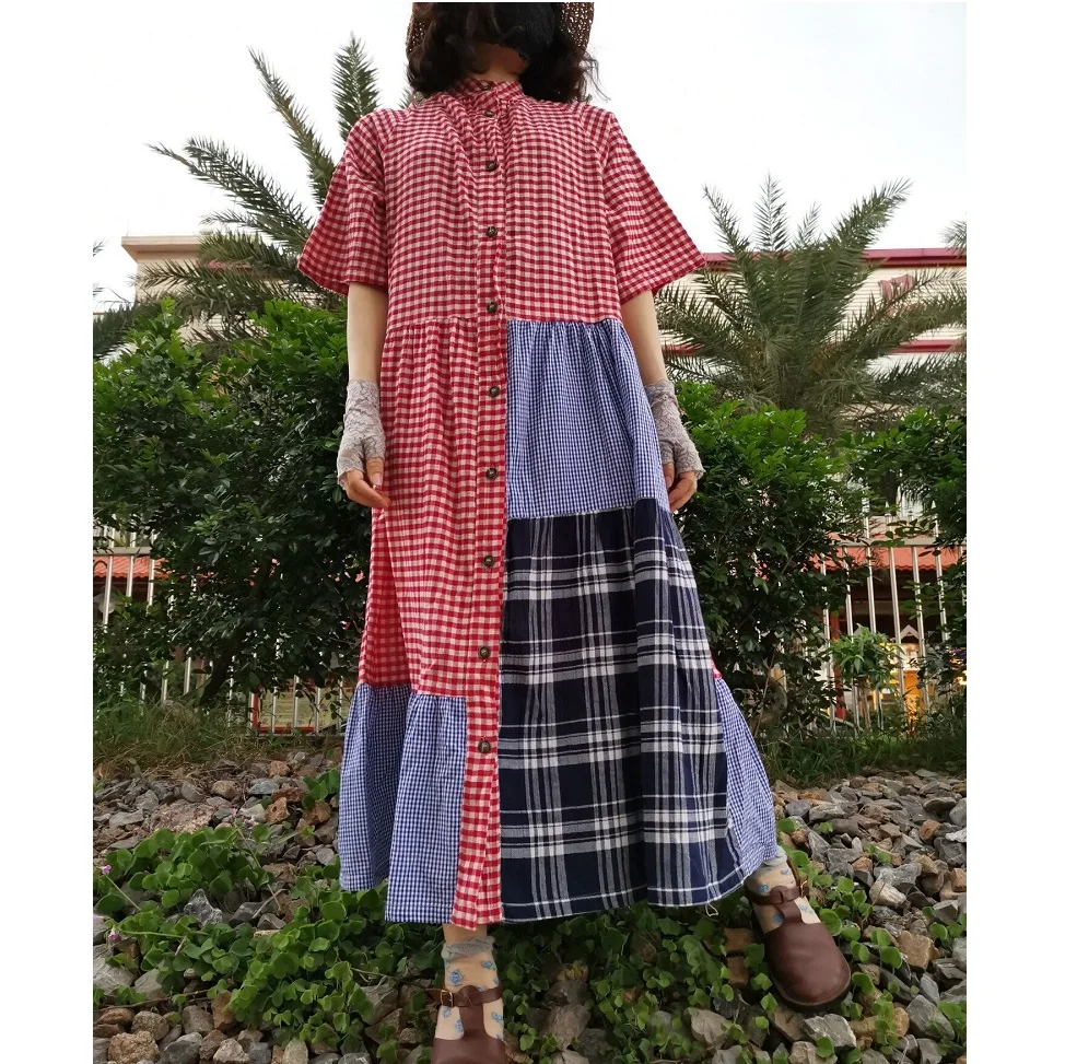 

New Casual Loose Plaid Stitching Stand-Pp Collar Short-Sleeved Women's Long Skirt Dress Women Dresses Dress Shirt