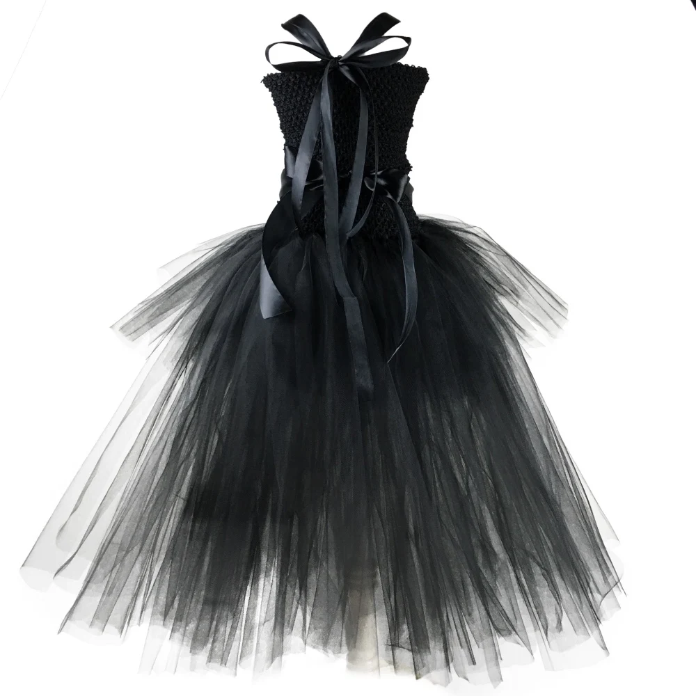 Girls Black Trailing Tutu Dress Kids Crochet Evening Tulle Dress Straps Ball Gown Children Birthday Party Banquet Costume Dress