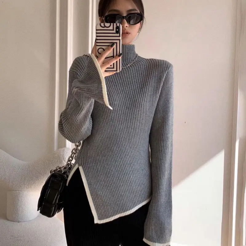 Turtle Neck Vrouwen Trui 2021 Herfst Winter Casual Side Slit Trui Tops Slim Koreaanse Mode Gebreide Truien Lange Mouw Basic