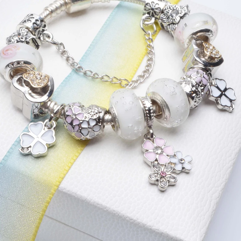 Cherry Blossoms Pendant Charm Bracelets With White Love Heart & Crystal Beads Brand Bracelets Bangles For Women Fashion Jewelry
