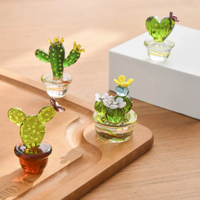 Handmade Murano Glass Cactus Figurines Ornaments Desktop Craft Adornment Creative Colorful Cute Miniature Plant For Home Decor