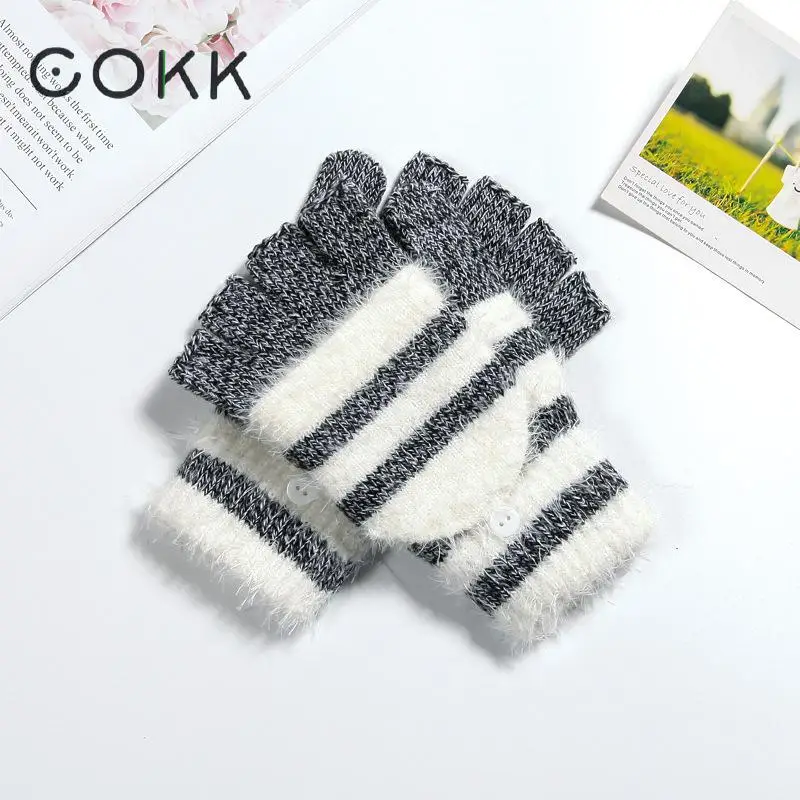 COKK Women Fingerless Gloves Cute Faux Rabbit Fur Stripe Knitted Gloves Female Winter Knitting Warmer Wrist Hand Gloves Mitten