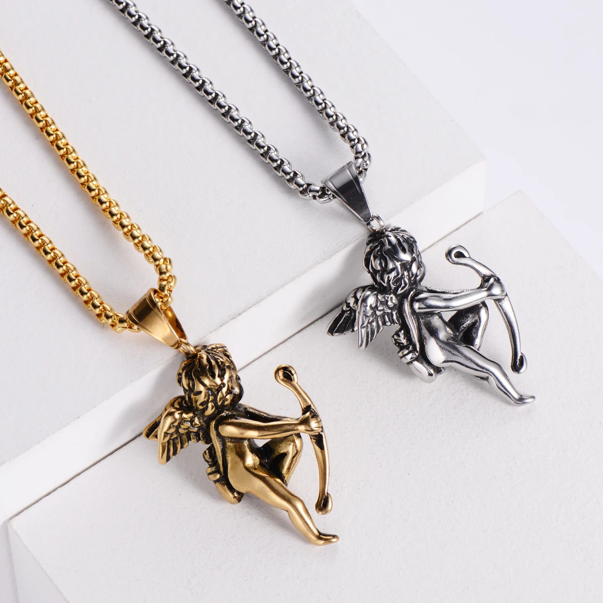 New Pattern Cherub Wings Stainless Steel Pendant Necklace Shoot Cupid Love God Gold Color Hip-hop Male Charm Collar Long Chain