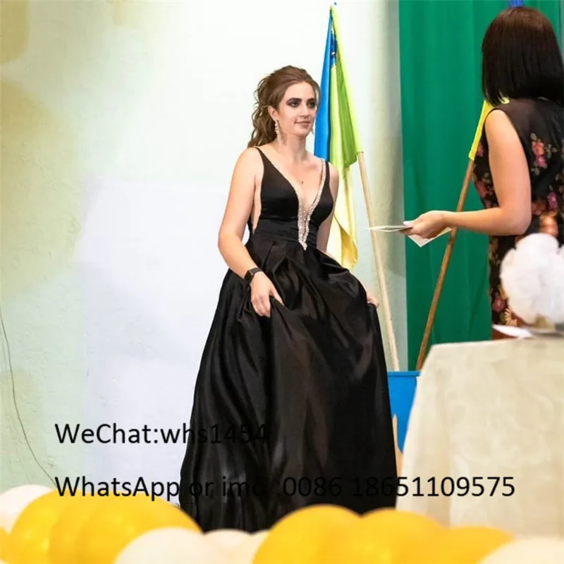 Vestido de fiesta largo con cuello en V, elegante, negro, 2023, barato