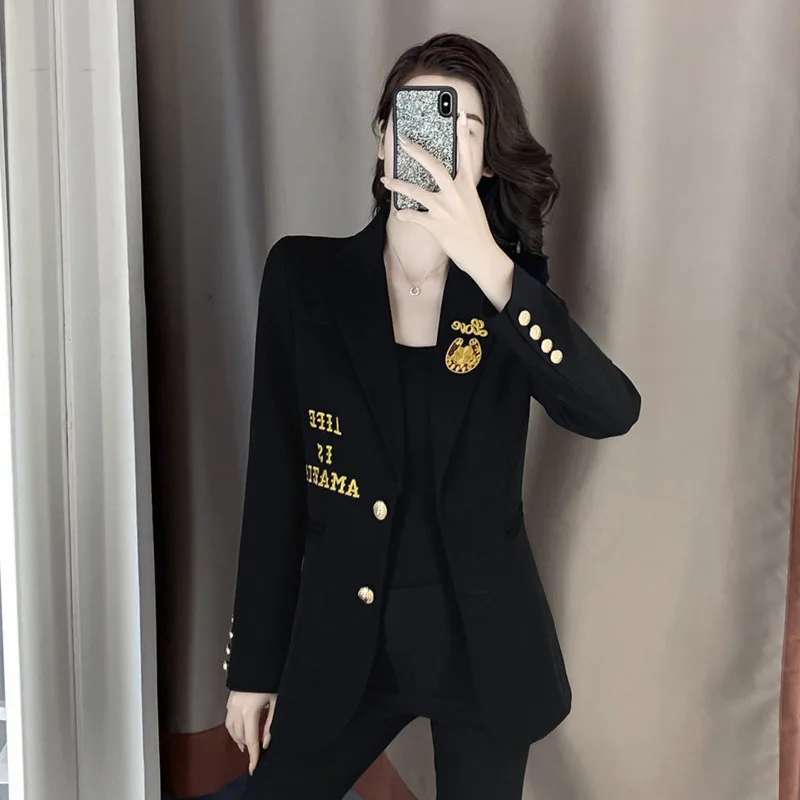 

PEONFLY New Korean Style Classic Embroidery Solid Long Sleeve Slim Temperament Jacket Women Office Lady Chic Casual Blazer Suits