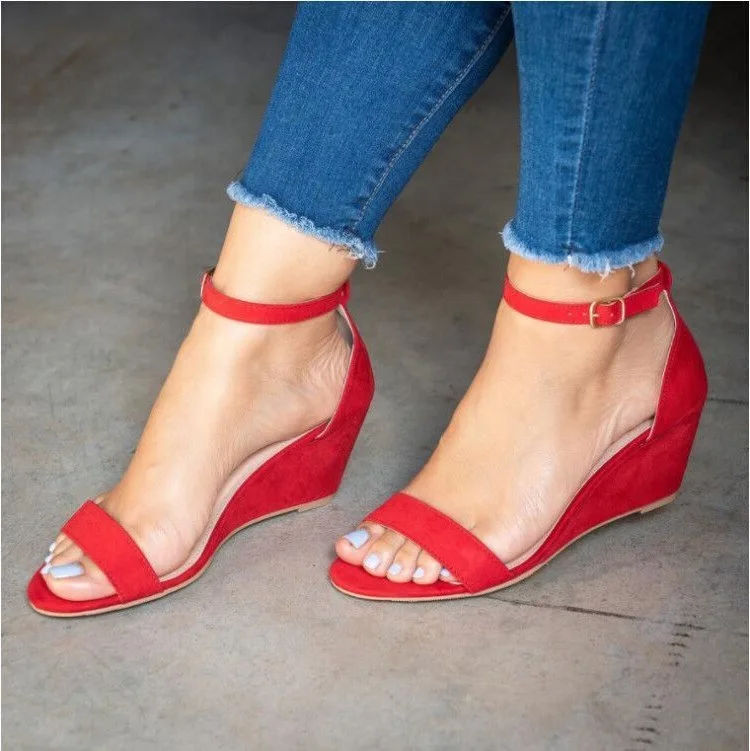 Fashion Women Wedges Sandals Casual Buckle Strap Heel Platform Summer Gladiator Sandals Open Toe Black Red Roman Shoes Ladies