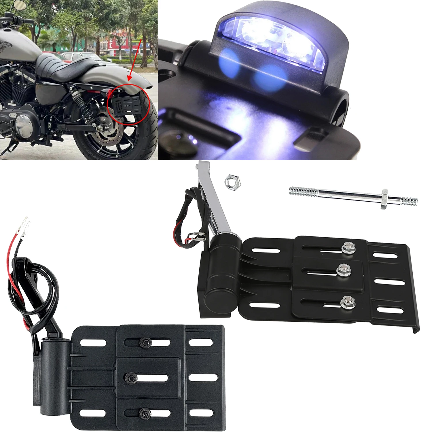 LED Foldable Side Mount License Plate Bracket Holder For Harley Sportster XL 883 1200 2004-2016