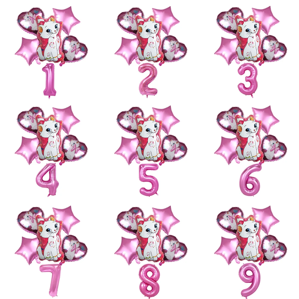 6pcs The Aristocats Pink Wedding Birthday Party Disney Marie Cat Foil Balloon Baby Shower Anniversary Event Party Decor Supplies