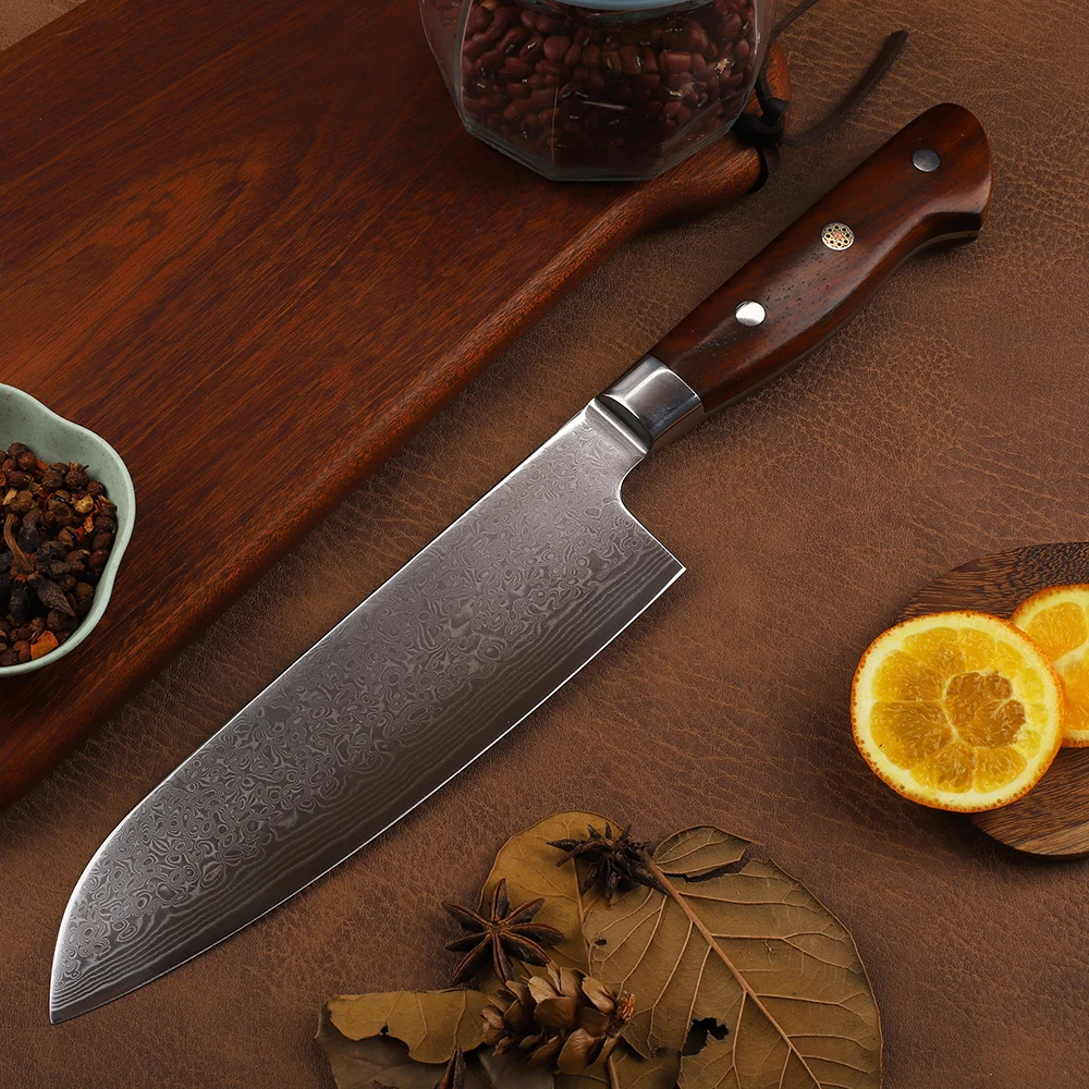 The New VG10 Steel Core Damascus Kitchen Mahogany Handle Cut Meat Vegetables And Fruits EDC Tool Knife