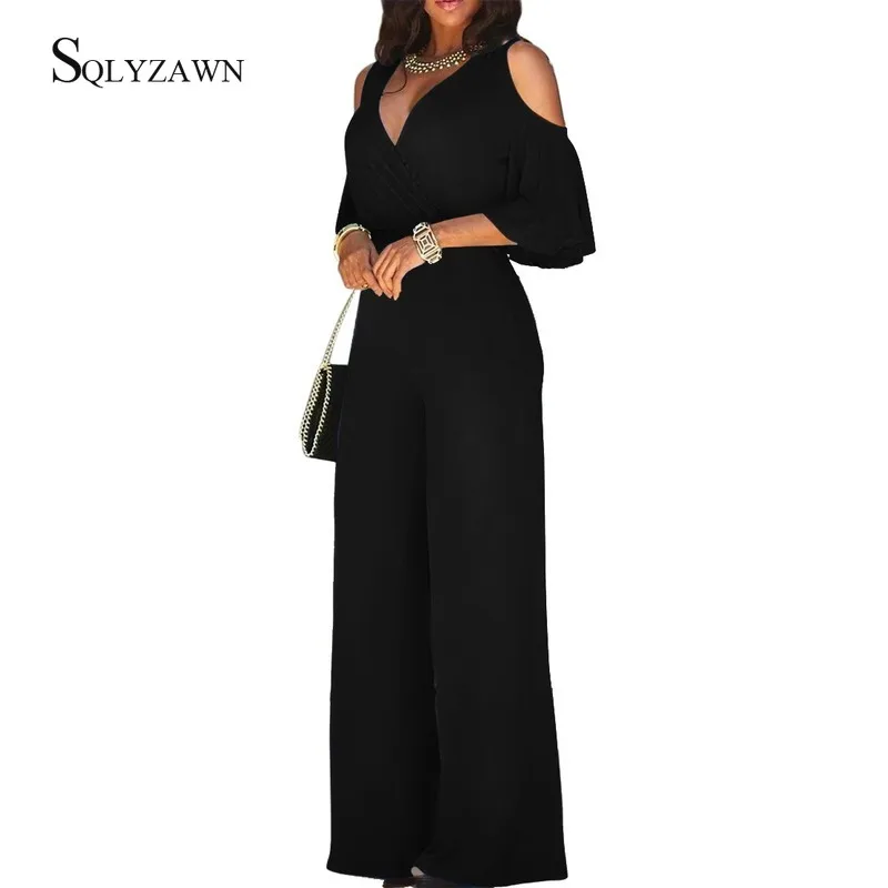 Women Sexy Off Shoulder Flare Sleeve Palazzo Wide Leg Pants Jumpsuit Vintage Elegant Loose Romper Streetwear V Neck Long Overall