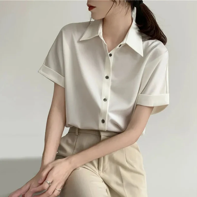 JMPRS Elegant Women Chiffon Shirt White Office Summer Short Sleeve Summer Ladies Tops Casual Loose Large Size Button Up Blouse