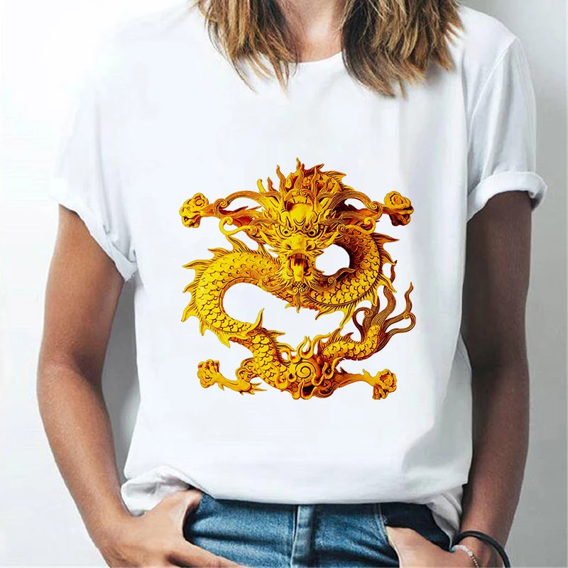 

2021 T shirt Ladies Casual Dragon Printed T-shirt Female Tops Harajuku Round Neck Short-sleeved Clothes T-shirt Female Tees