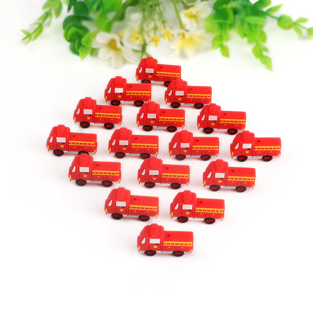 Kovict 10Pcs Mini Fire Trucks Silicone Beads Pendants Chewable DIY For Jewelry Making Necklace Accessories