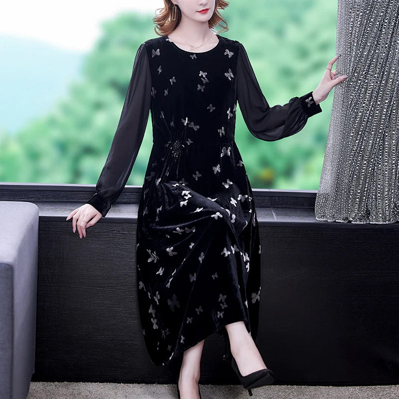 

Black Print Velvet Thick Warm Midi Dress 2024 Women Korean Vintage Casual Dress Autumn Winter Elegant Bodycon Office Maxi Dress