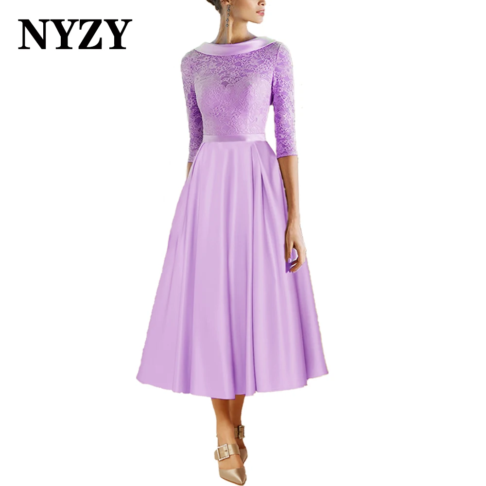 NYZY M345 Elegant Satin Bowl Neckline Tea-Length Champagne Evening Dresses 2025 Birthday Wedding Party Gowns