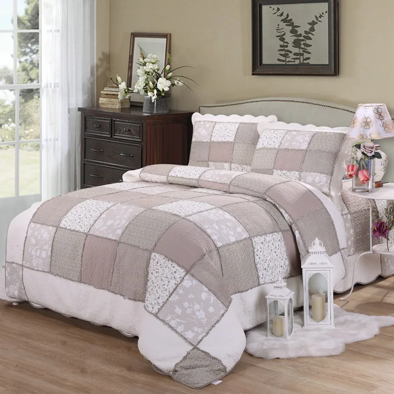 CHAUSUB Cotton Quilt Set Patchwork 3PCS Quilted Bedspread on the Bed Blanket Lightweight Queen Size Pastoral Coverlet Set