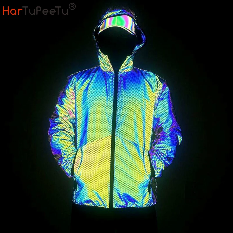 Chaqueta reflectante con capucha para hombre, abrigo de arcoíris impermeable con cremallera, estampado de perlaje, Hip Hop, ropa de noche suelta de