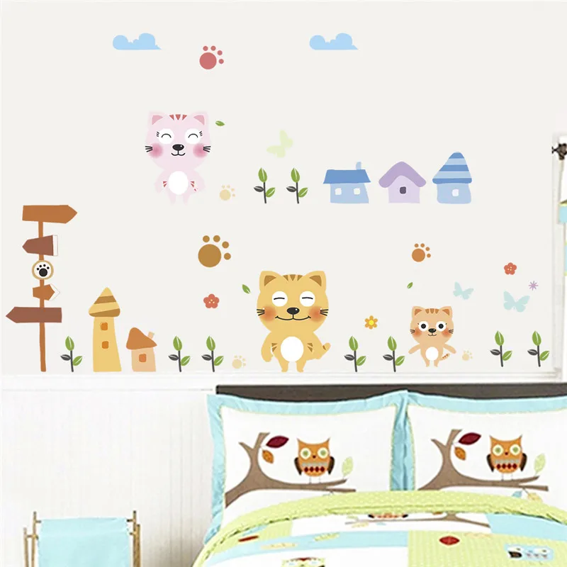 Loving Cat Wall Stickers For Kids Bedroom Decoration Cartoon Animal Mural Art Diy Home Decor Decals Peel And Stick