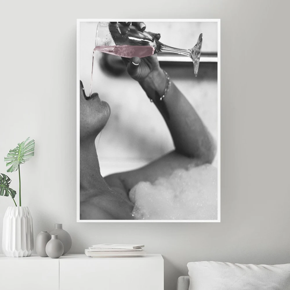 Mode Frau trinken Rose Champagner im Schaumbad Leinwanddrucke moderne Malerei an der Wand Bild Poster für Badezimmer Dekor